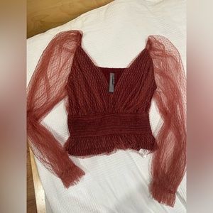 Anthropologie Rust Mesh Puff Sleeve Top